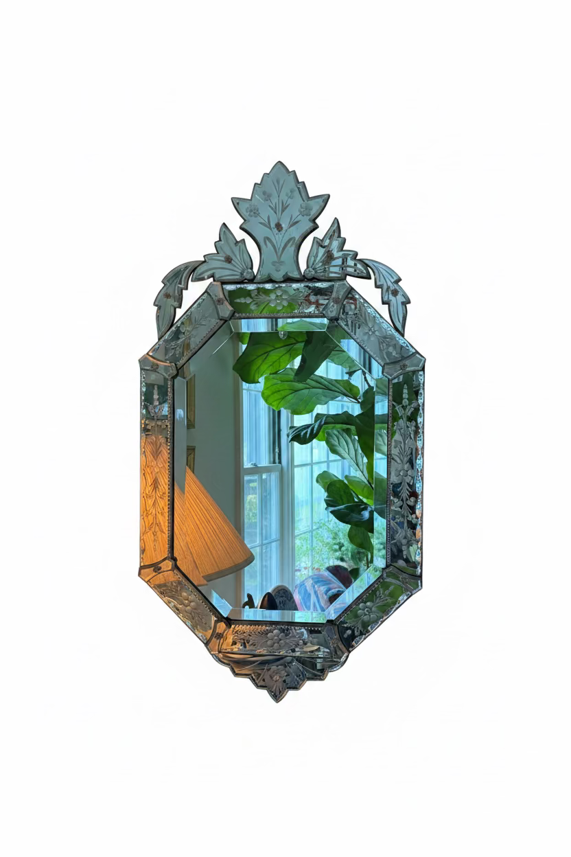 Vintage Venetian Etched Wall Mirror with Floral Crest