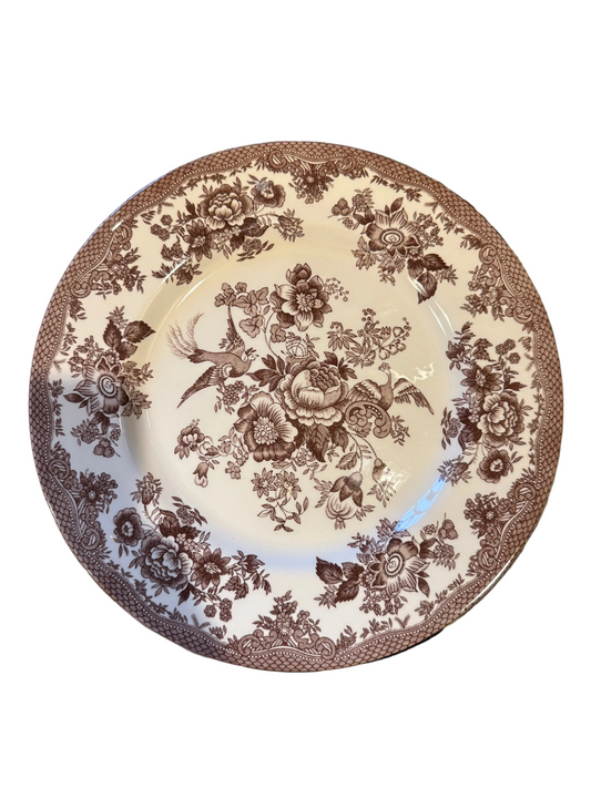 Vintage Brown Transferware Floral & Bird Plates - Set of 14